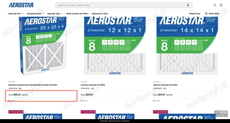 Snapshot of Air Filters Delivered promo: 'Up to 22% Off Aerostar Merv 8 Air Filters' - captured during verification by DontPayFull on 31-Oct-2026.