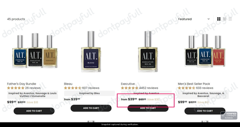 Snapshot of ALT. Fragrances promo: 'Enjoy Up to 45% Off The Father's Day Collection' - captured during verification by DontPayFull on 29-Jun-2026.