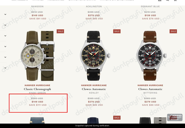 Snapshot of AVI-8 promo: 'Get up to $111 Off Select Watches from The Hawker Hurricane Collection' - captured during verification by DontPayFull on 17-Jun-2026.