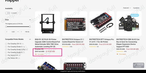 Snapshot of Biqu promo: 'Enjoy Up to 55% Off 3D Printer Accessories for Klipper' - captured during verification by DontPayFull on 15-Aug-2026.