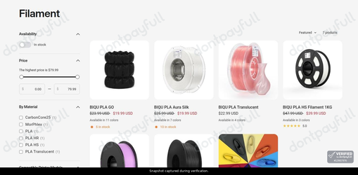 Snapshot of Biqu promo: 'Up to 25% Off Select Filaments' - captured during verification by DontPayFull on 10-Aug-2026.