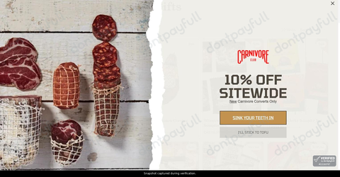 Snapshot of Carnivore Club promo: 'Save up to 30% on Gourmet Meat Gifts' - captured during verification by DontPayFull on 07-Aug-2026.