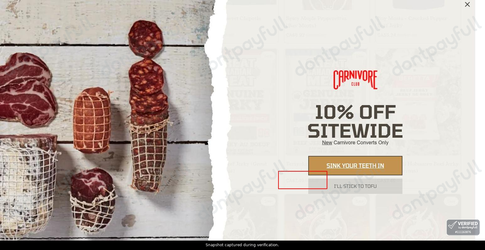 Snapshot of Carnivore Club promo: 'Get up to 65% Off Select Jerky Products' - captured during verification by DontPayFull on 15-Aug-2026.