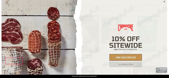 Snapshot of Carnivore Club promo: 'Get up to 65% Off Featured Sale Products' - captured during verification by DontPayFull on 15-Aug-2026.
