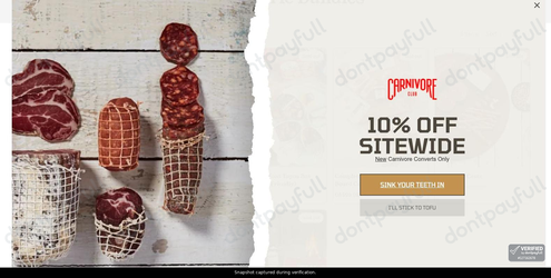 Snapshot of Carnivore Club promo: 'Get up to 50% Off Gourmet Charcuterie Kits & Bundles' - captured during verification by DontPayFull on 09-Aug-2026.