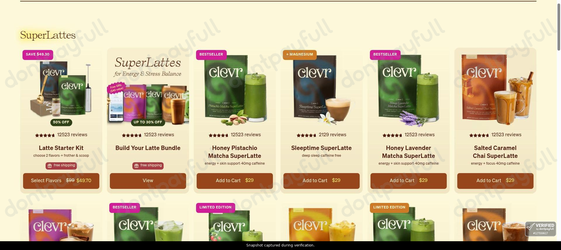 Snapshot of Clevr Blends promo: 'Enjoy Up to 50% Off Caffeine-free Lattes for Deep Sleep' - captured during verification by DontPayFull on 11-Jun-2026.