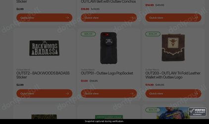 Snapshot of D & D Outfitters promo: 'Enjoy Up to 95% Off Select Outlaw Apparel and Accessories' - captured during verification by DontPayFull on 02-Jul-2026.