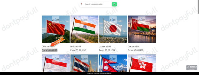 Snapshot of EVASIM promo: 'Asia eSIMs from $4' - captured during verification by DontPayFull on 28-Oct-2026.
