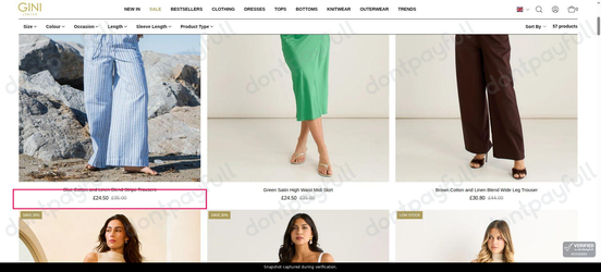 Snapshot of Gini London promo: 'Up to 30% Off Sale Bottoms' - captured during verification by DontPayFull on 27-Sep-2026.