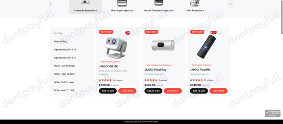 Snapshot of JMGO promo: 'Up to $600 Off Portable Projectors' - captured during verification by DontPayFull on 30-Jun-2026.