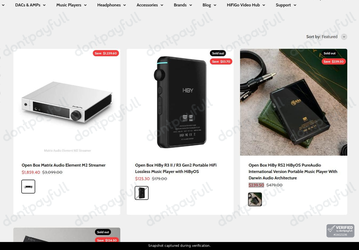 Snapshot of HiFiGo promo: 'Enjoy Up to 50% Off Certified Open Box Music Players' - captured during verification by DontPayFull on 25-Oct-2026.