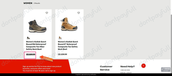Snapshot of Kodiak promo: 'New Women's Work Boots from CA$209' - captured during verification by DontPayFull on 27-Oct-2026.