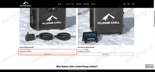 Snapshot of Plunge Chill promo: 'Save up to 55% on Chillers for Cold Therapy' - captured during verification by DontPayFull on 17-Sep-2026.
