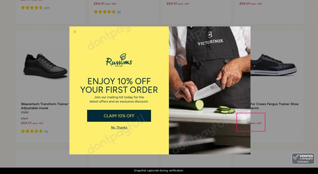 Snapshot of Russums promo: 'Up to 20% Off Front of House Footwear' - captured during verification by DontPayFull on 13-Jun-2026.