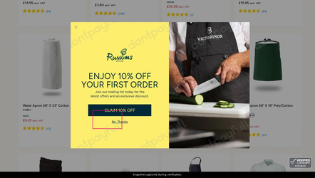 Snapshot of Russums promo: 'Enjoy Up to 40% Off Professional Chef Clothing' - captured during verification by DontPayFull on 13-Jun-2026.