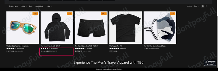 Snapshot of T-Bô Clothing promo: 'Save up to 77% on Comfortable Travel Clothing for Men' - captured during verification by DontPayFull on 17-Jun-2026.