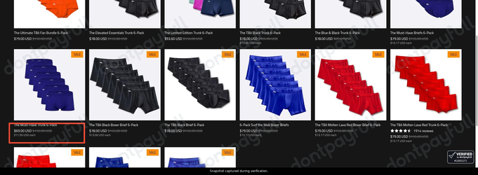 Snapshot of T-Bô Clothing promo: 'Enjoy Up to 55% Off Select 6-Packs' - captured during verification by DontPayFull on 03-Aug-2026.