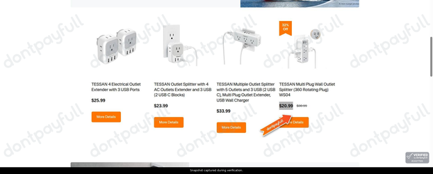 Snapshot of TESSAN promo: 'Up to 30% Off Travel Adapters and Chargers' - captured during verification by DontPayFull on 28-Oct-2026.