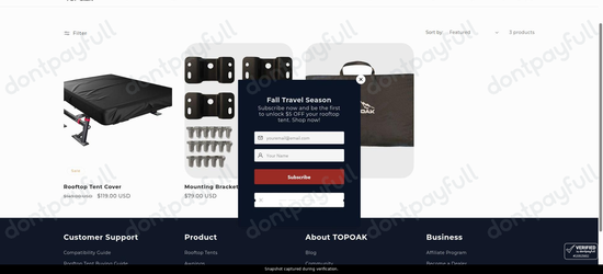 Snapshot of TOPOAK promo: 'Up to 20% Off Select Protection & Storage Items' - captured during verification by DontPayFull on 28-Oct-2026.