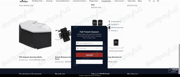 Snapshot of TOPOAK promo: 'Enjoy Up to 20% Off Awning Add-ons' - captured during verification by DontPayFull on 27-Oct-2026.