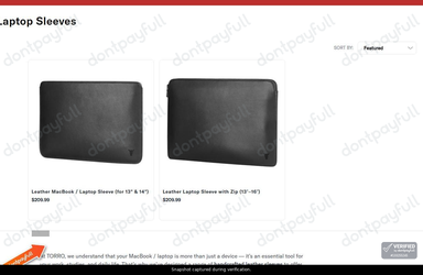 Snapshot of Torro promo: 'MacBook / Laptop Sleeves from $209' - captured during verification by DontPayFull on 27-Oct-2026.