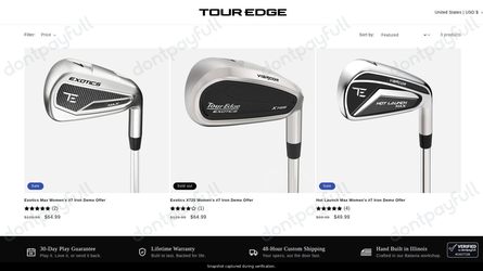 Snapshot of Tour Edge promo: 'Save up to 50% on Select Women's Demo Irons' - captured during verification by DontPayFull on 25-Oct-2026.