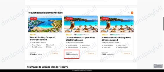 Snapshot of Travelodeal promo: 'Up to 45% Off Trips to the Balearic Islands' - captured during verification by DontPayFull on 28-Oct-2026.