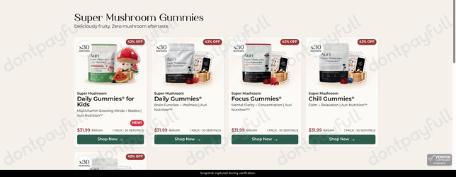 Snapshot of Auri Nutrition promo: 'Enjoy Up to 40% Off Super Mushroom Products' - captured during verification by DontPayFull on 29-Jun-2026.