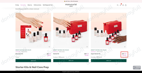 Snapshot of Manucurist promo: 'Up to 45% Off Green Nail Polish Starter Kits' - captured during verification by DontPayFull on 29-Jun-2026.
