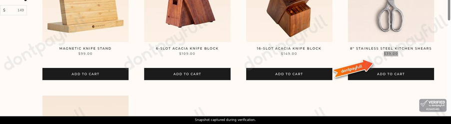 Snapshot of Verano Knives promo: 'Storage & Sharpeners from $39' - captured during verification by DontPayFull on 28-Oct-2026.